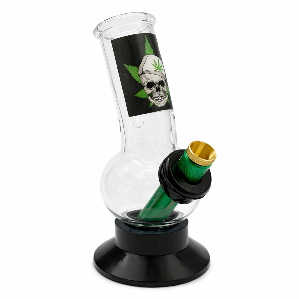 Extra Small Glass Bong with Rubber Base Skull Leaf