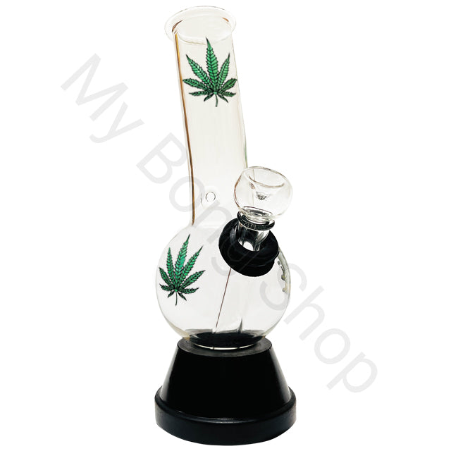Small Glass Bong with Glass Stem/Cone-Green Leaf