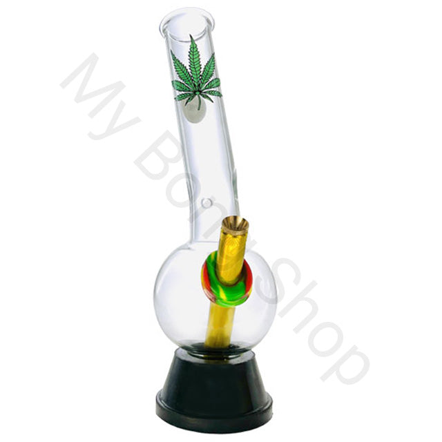Medium Colourful Glass Bong with Rubber Base (25cm)-Green Leaf