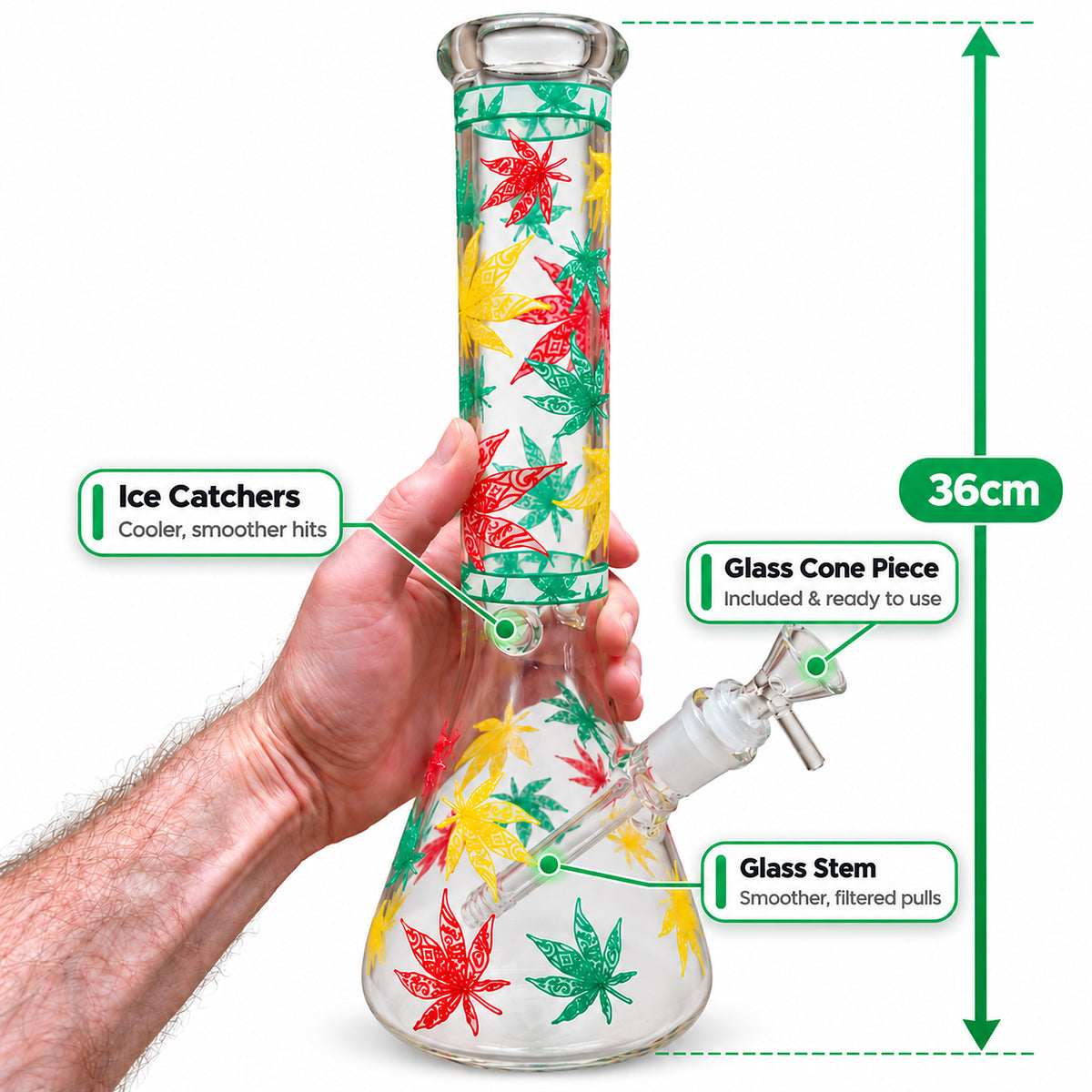 36cm beaker bong features: ice catchers, glass stem and glass cone piece included