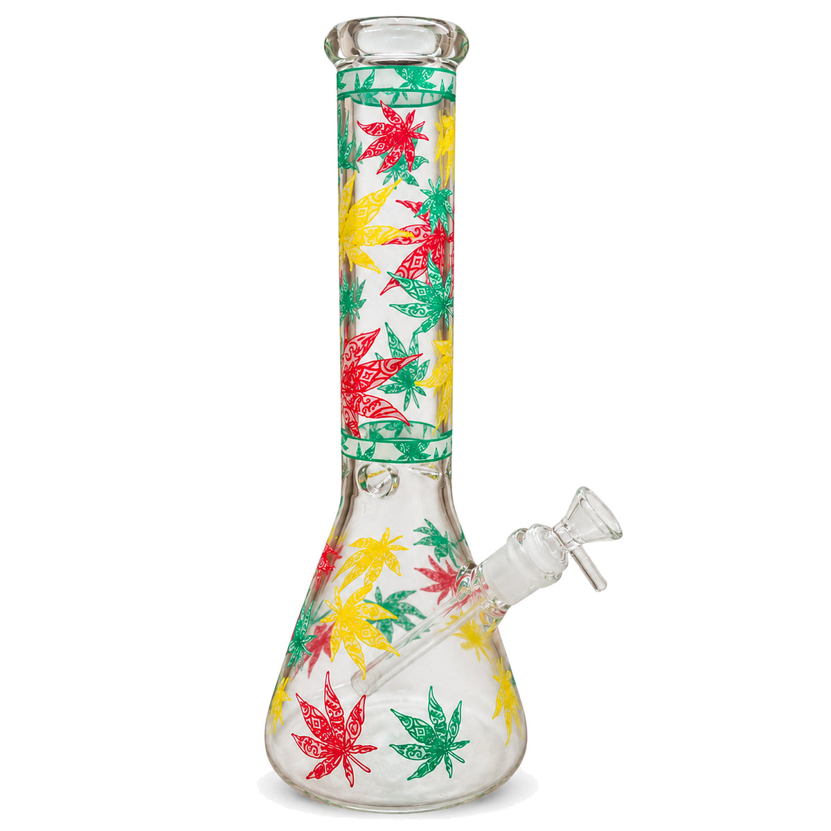 36cm glass beaker bong with red, yellow and green leaf design and glass cone piece