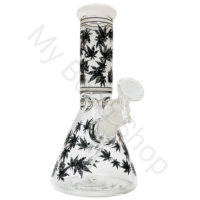 Glow in the Dark Beaker Glass Bong with Designs (20cm)-Black Leaf