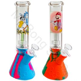 Silicone and Glass Beaker Bong with Cartoon Character Designs and Percolator (26cm)