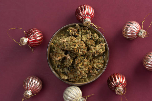 Bowl of cannabis surrounded by Christmas ornaments